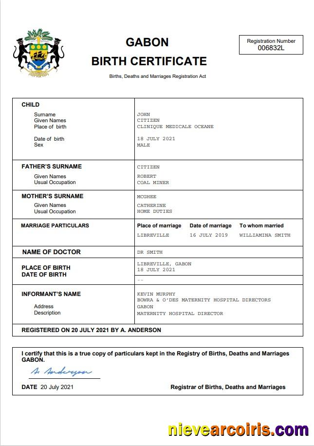Gabon vital record birth certificate